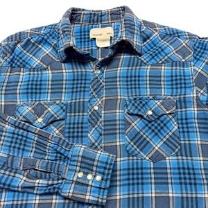 Wrangler Wrancher Shirt Mens Medium Blue Plaid Flannel Western Pearl Snap Cowboy